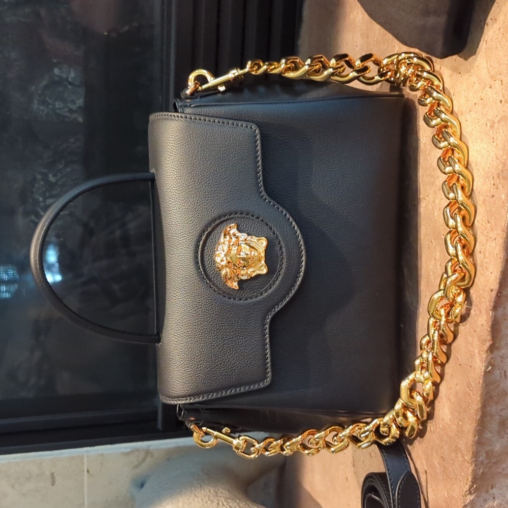 New Versace Black La Medusa Leather Top Handle Satchel Handbag Medium